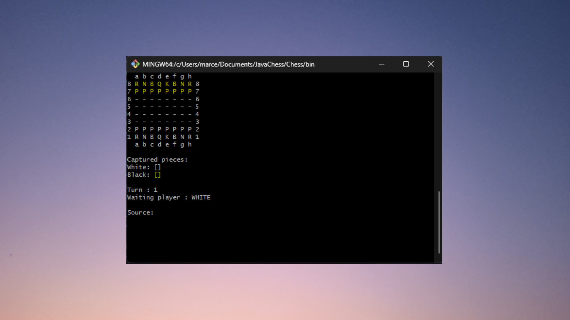 Image of the JavaChess Project: the image shows the GitBash terminal with the program running